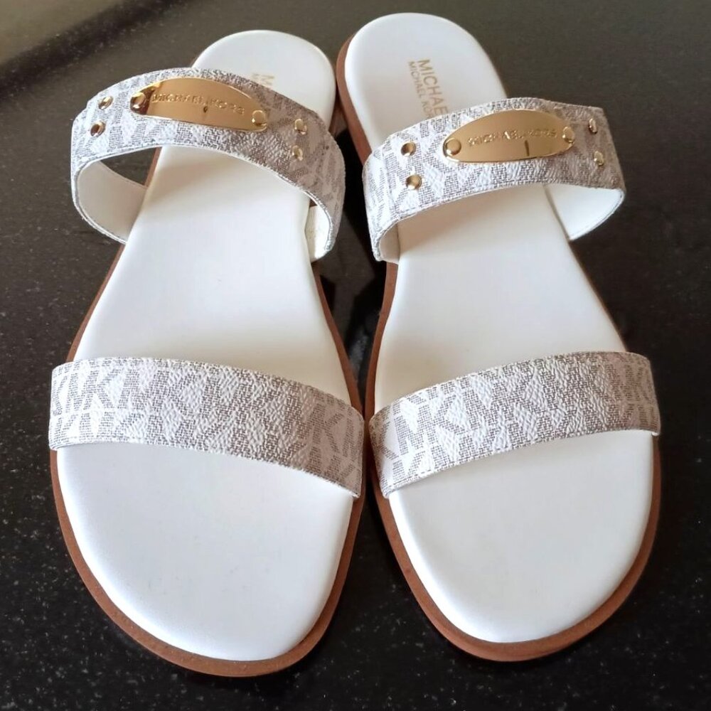 MICHAEL Michael Kors slides - white with MK monogram in grey - new in box